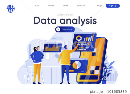 Data analysis flat landing page. People using mobile application with business analytics on screen vector illustration. Online financial data analysis web page composition 101685839