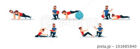 Bearded Man as Fitness Trainer or Сoach Giving Instructions in Gym Vector Illustration Set 101685840