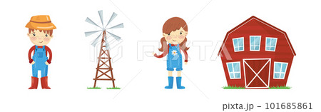 Smiling Boy and Girl Farmers Wearing Rubber Boots and Red Barn Vector Set 101685861