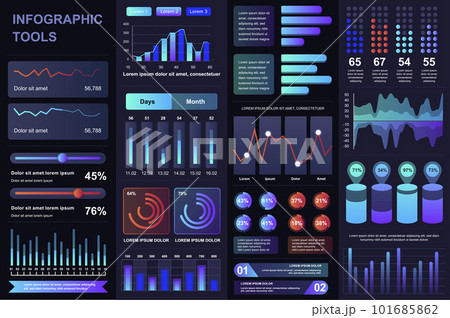 Bundle infographic UI, UX, KIT elements. Different charts, diagrams, workflow, flowchart, timeline, schemes, marketing icons, graphs and bars design template. Vector info graphic and infographics set. 101685862