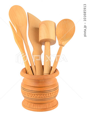 Kitchen wooden utensils (shovel, fork, spoon, cup etc.) isolated on white Kitchen wooden utensils (shovel, fork, spoon, cup etc.) isolated on white 101685913