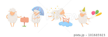 Funny Fluffy Sheep Character Engaged in Different Activity Vector Set 101685923