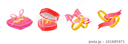 Wedding and Engagement Golden Rings with Silk Pink Ribbon Vector Set Wedding and Engagement Golden Rings with Silk Pink Ribbon Vector Set 101685971