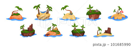 Tropical Islands with Palm Trees Surrounded by Ocean Vector Set Tropical Islands with Palm Trees Surrounded by Ocean Vector Set 101685990