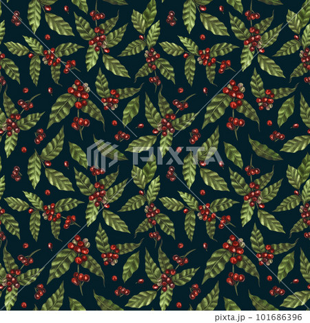 Watercolor seamless pattern of red coffee arabica beans on branch with berries. Hand-drawn illustration isolated on black background. Perfect concept for cafe, restaurant, menu, cards, posters Watercolor seamless pattern of red coffee arabica beans on branch with berries. Hand-drawn illustration isolated on black background. Perfect concept for cafe, restaurant, menu, cards, posters 101686396