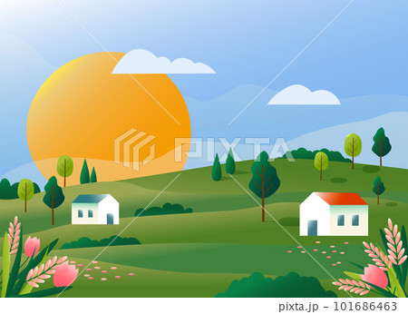 Landscape with rural houses in a flower field. Country life illustration. Blue sky and sun, trees and flowers. 101686463