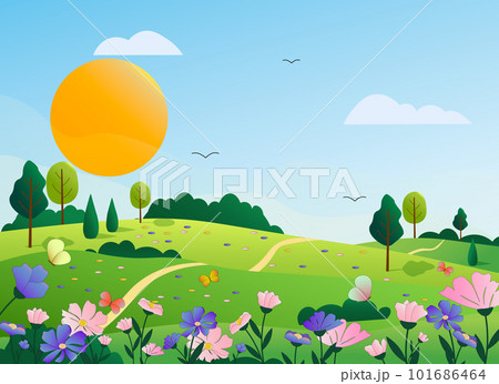Landscape with a rural house and a well in a flower meadow. Blue sky and sun, trees and flowers. 101686464