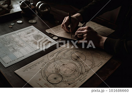 Male hands holding tarot cards. Astrologer calculates natal chart and makes a forecast. Generative AI 101686660