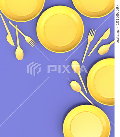 Set of disposable utensils like plate, folk, spoon,knife and cup on monochrome 101686697