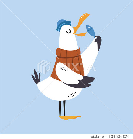 Gull Character with Webbed Feet Wearing Sweater and Peakless Hat Eating Fish Vector Illustration Gull Character with Webbed Feet Wearing Sweater and Peakless Hat Eating Fish Vector Illustration 101686826
