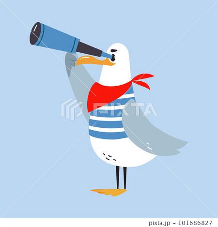 Gull Character with Webbed Feet Wearing Striped Vest Watching Binoculars Vector Illustration 101686827