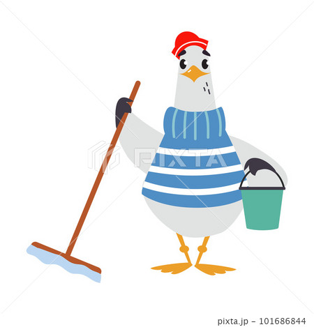 Gull Character with Webbed Feet Wearing Striped Sweater and Hat with Mop and Bucket Vector Illustration 101686844