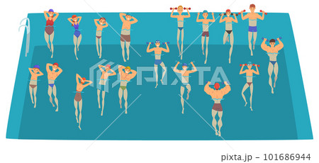 Group of Man and Woman with Dumbbells Training in Swimming Pool Doing Physical Exercise Vector Illustration 101686944