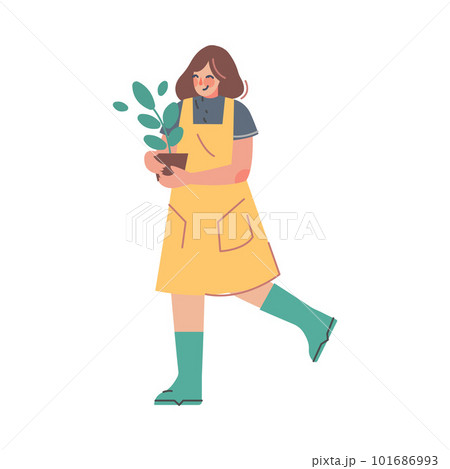Woman Character at Greenhouse Carrying Flower in Pot Planting and Cultivating Vector Illustration 101686993