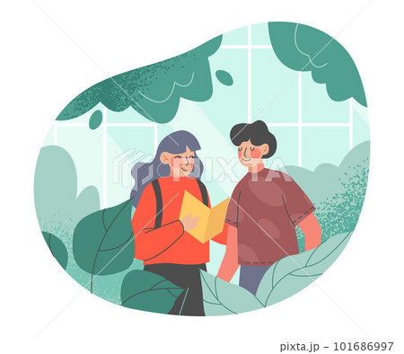 Man and Woman Character at Greenhouse with Book Exploring Plant Vector Illustration 101686997