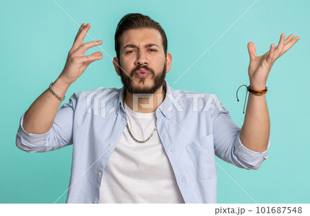 Excited amazed man showing head explosion, looking worried shocked surprised guy, wow idea eureka 101687548