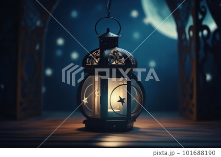 A rustic Lantern with a candle inside, shining on a sand floor playground, adds a cozy atmosphere for children to play at night. Ai Generative 101688190