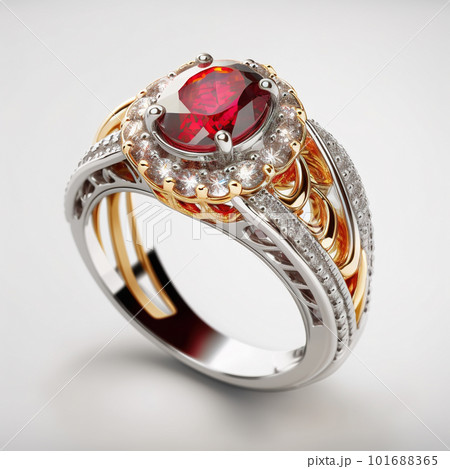 Gold ring with big ruby and diamonds on white background, generative AI Gold ring with big ruby and diamonds on white background, generative AI 101688365