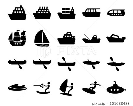 水上交通と水上レジャーのアイコンセット_黒ベタ 水上交通と水上レジャーのアイコンセット_黒ベタ 101688483