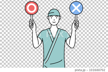 拿著棍子的男性醫院病人顯示正確和不正確的答案 101688702