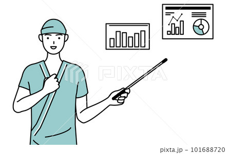 業績グラフを分析するす男性入院患者 101688720