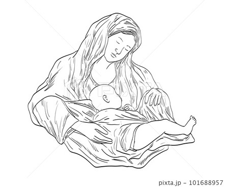 Madonna and the Baby Child Jesus Medieval Style Line Art Drawing 101688957