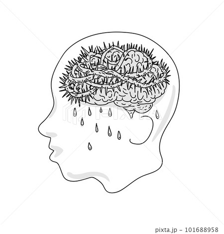 Man with Depression Brain with Crown of Thorns Medieval Style Line Art Drawing 101688958