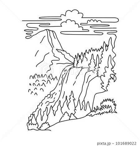Nevada Fall with Liberty Cap Yosemite National Park California Monoline Line Art Drawing 101689022