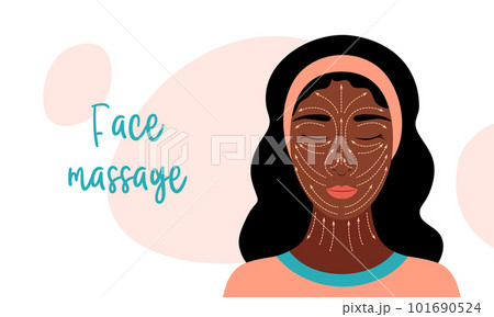 Face massage illustration. Vector banner with rules of anti-ageing facial massage. Beauty and youth. Infographic with beautiful african american woman and dotted arrows 101690524