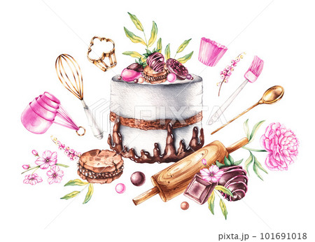 Watercolor group of desserts, bakery tools, flowers on a white background 101691018