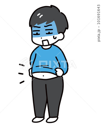 自分のぽっこりお腹にショックを受ける私服の若い男性(全身) 自分のぽっこりお腹にショックを受ける私服の若い男性(全身) 101691643