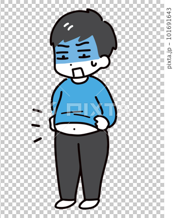 自分のぽっこりお腹にショックを受ける私服の若い男性(全身) 自分のぽっこりお腹にショックを受ける私服の若い男性(全身) 101691643