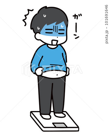 体重計に乗ってショックを受ける私服の若い男性(全身) 体重計に乗ってショックを受ける私服の若い男性(全身) 101691646