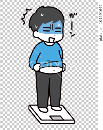 体重計に乗ってショックを受ける私服の若い男性(全身) 体重計に乗ってショックを受ける私服の若い男性(全身) 101691646