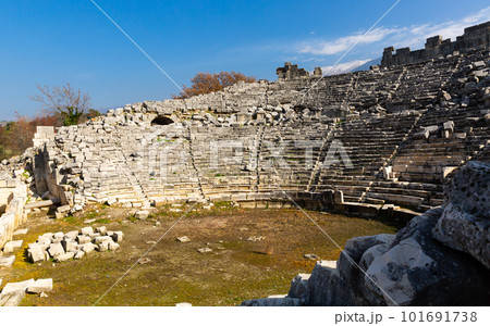 Remains of Roman theatre in ancient Lycian citadel of Tlos, Turkey 101691738