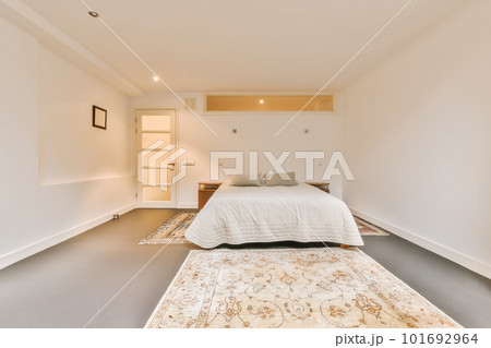 a bedroom with a bed and rug on the floor in front of the bed is an area for furniture to be used 101692964