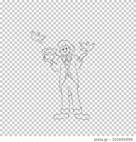 Illustration of a clown doing magic Monochrome line drawing 101693099