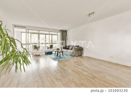 a living room with white walls and hardwood flooring, including a large plant in the center of the room a living room with white walls and hardwood flooring, including a large plant in the center of the room 101693230