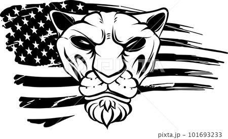 Lion head and American flag front view vector art illustration. . Lion head and American flag front view vector art illustration. . 101693233