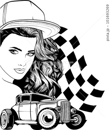 American custom retro cars vintage concept in monochrome style with checkered flags pretty mechanic girls and hot rods isolated vector illustration 101693269