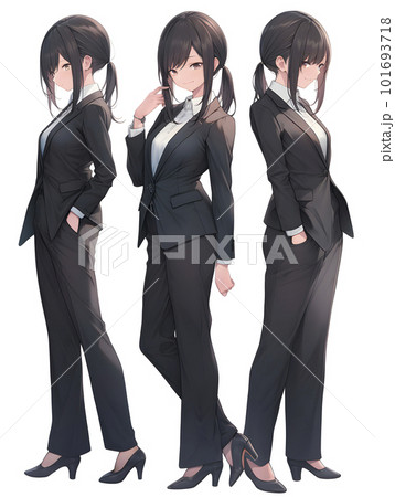 ビジネスウーマン 黒のレディーススーツ アニメイラスト「AI生成画像