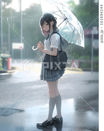 雨の降る中、傘をさす制服姿の女子生徒「AI生成画像」 雨の降る中、傘をさす制服姿の女子生徒「AI生成画像」 101694244