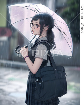 雨の降る中、傘をさす制服姿の女子生徒「AI生成画像」 101694245