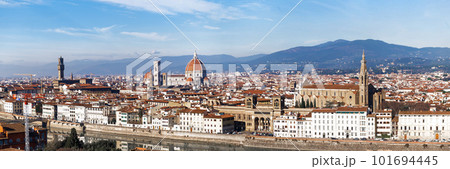 Panoramic view of Florence. Cattedrale di Santa Maria del Fiore. a bright morning day in Italy. Beautiful Italian town with orange tiles. 101694445