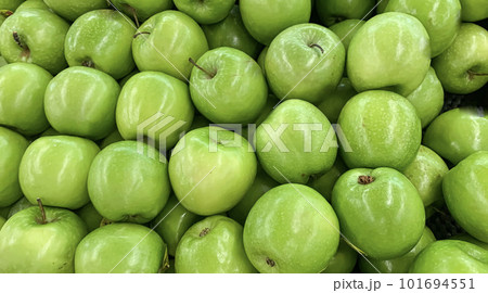 Green apple raw fruit and vegetables overhead perspective background, part of healthy organic fresh products set collection Green apple raw fruit and vegetables overhead perspective background, part of healthy organic fresh products set collection 101694551