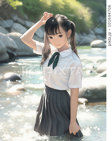 夏の水辺で遊ぶ制服姿の女子高生「AI生成画像」のイラスト素材 [101694706] - PIXTA