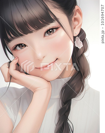 頬杖をつく女性のバストアップ「AI生成画像」 101694707