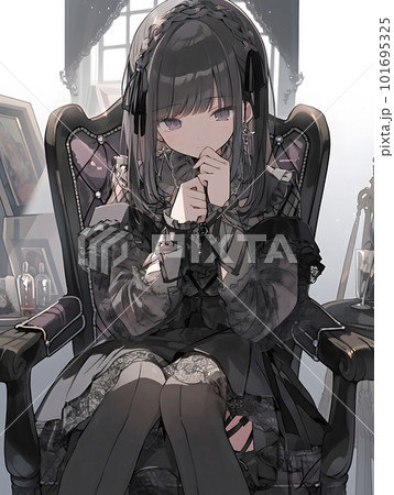 甘ロリ系の黒いドレス　絶対領域　椅子に座る美少女「AI生成画像」　 101695325