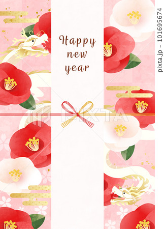 辰と椿の花と水引の2024年辰年の年賀状テンプレート(ベクターイラスト) 101695674