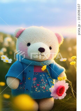 Cute yarn doll teddy bear in field of flower on glowing light Created with Generative AI technology. 101696107